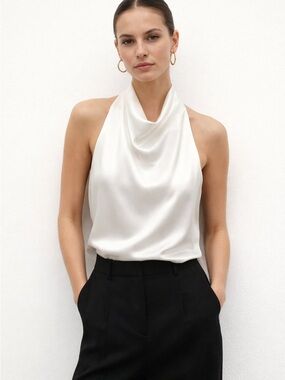 Zara Satin Halter Drape Blouse | Elegant Ivory Minimalist Top | Size M